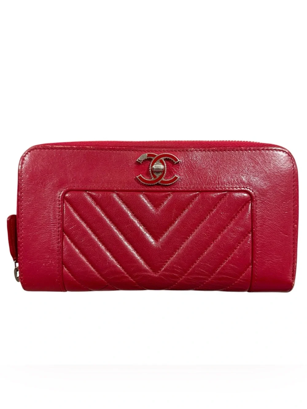 Chanel Mademoiselle Chevron Red Lambskin Leather Zip Around Zippy Large Wallet